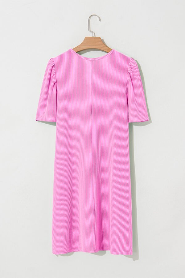 Bright Pink Flag Pattern Inspired Sequin Bow Spiral Ribbed Puff Sleeve T Shirt Dress