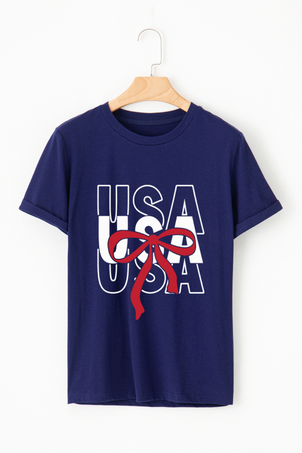 Blue USA Bow Printed Casual Cotton Blend T Shirt