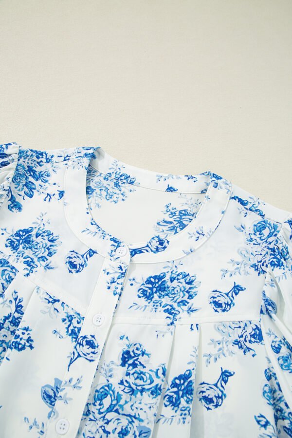 Sky Blue Floral Tiered Puff Short Sleeve Pleated Bust Buttoned Casual Shirt