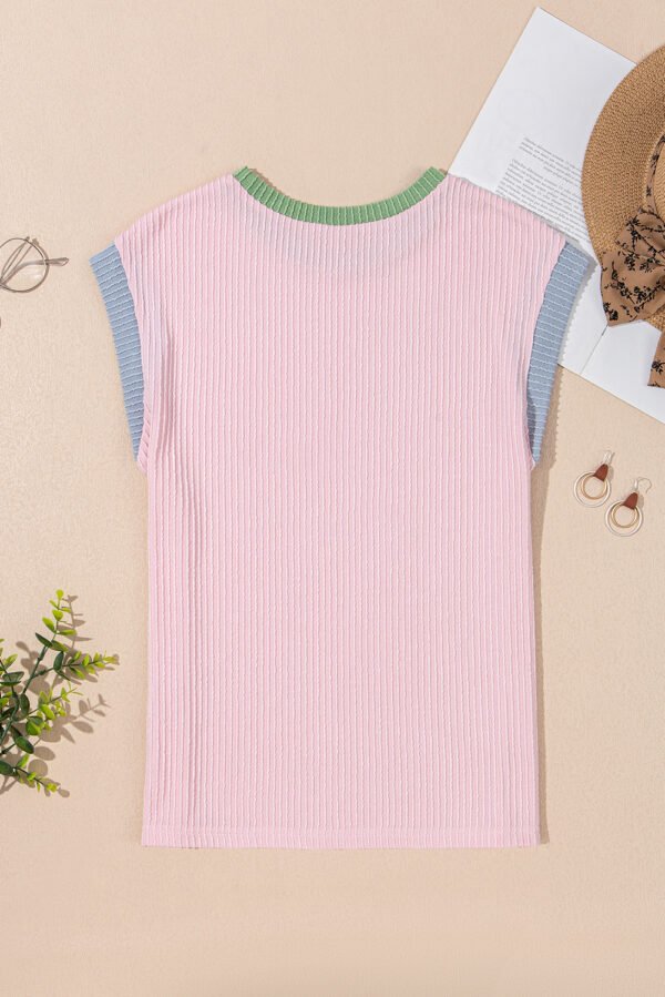 Pink Colorblock Edge Twisted Rib Texture Sequin American Flag Casual T Shirt