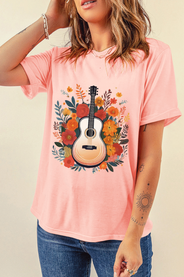 Pink Guitar Flower Print Crew Neck Loose T Shirt