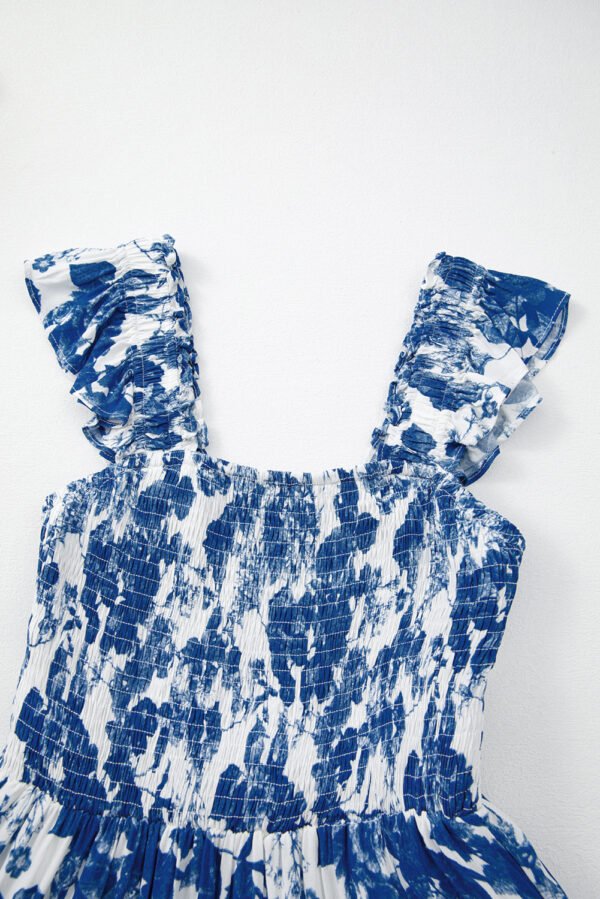 Blue Floral Ruffle Strap Square Neck Smocked Bodice Midi Dress