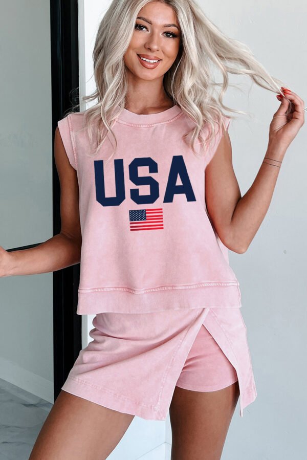 Light Pink USA Flag Graphic Tank Top and Skort Short Set
