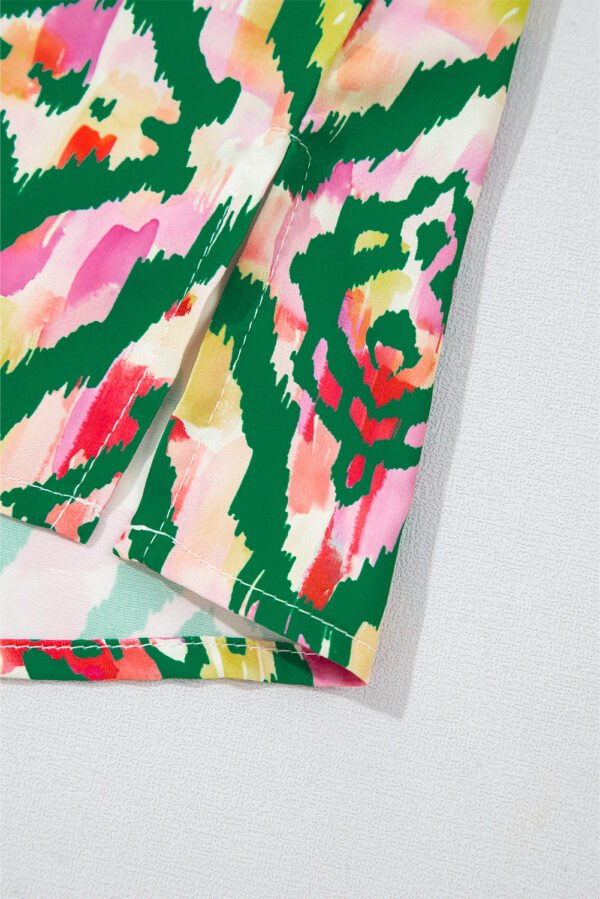 Green Abstract Print V Neck Short Sleeve Blouse