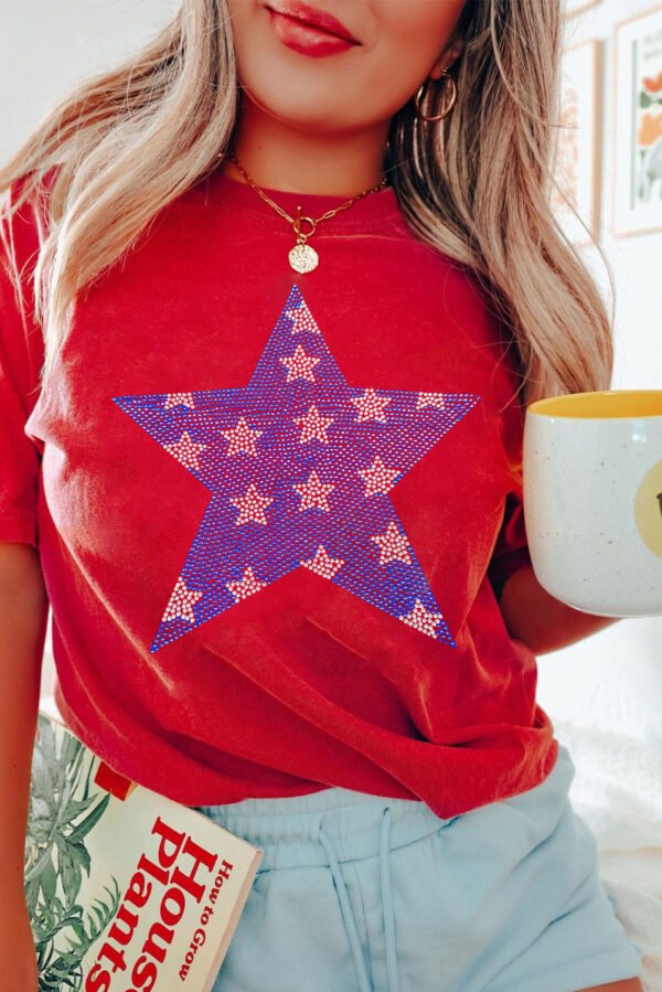 Red Rhinestone Star Pattern Independent Day T Shirt