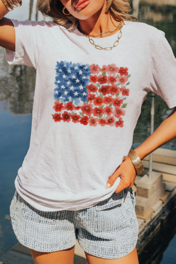 White Star Floral American Flag Printed T Shirt