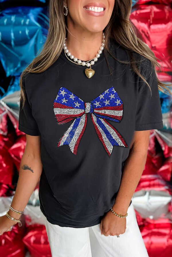 Black Rhinestone Stars and Stripes Bow Graphic Independence Day T Shirt