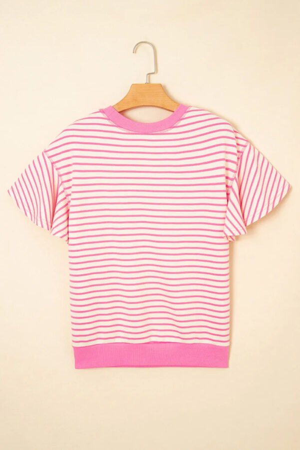 Sachet Pink Sequin Baseball Pattern Striped Ruffle Sleeve Round Neck Knit Top