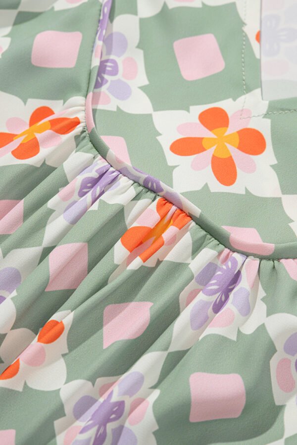 Green Geometric Floral Print 3/4 Sleeve Notched Neck Mini Dress