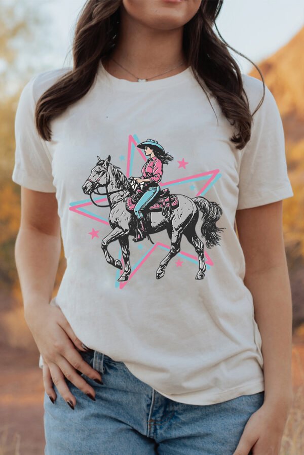 White Star Cowgirl Graphic Round Neck T Shirt
