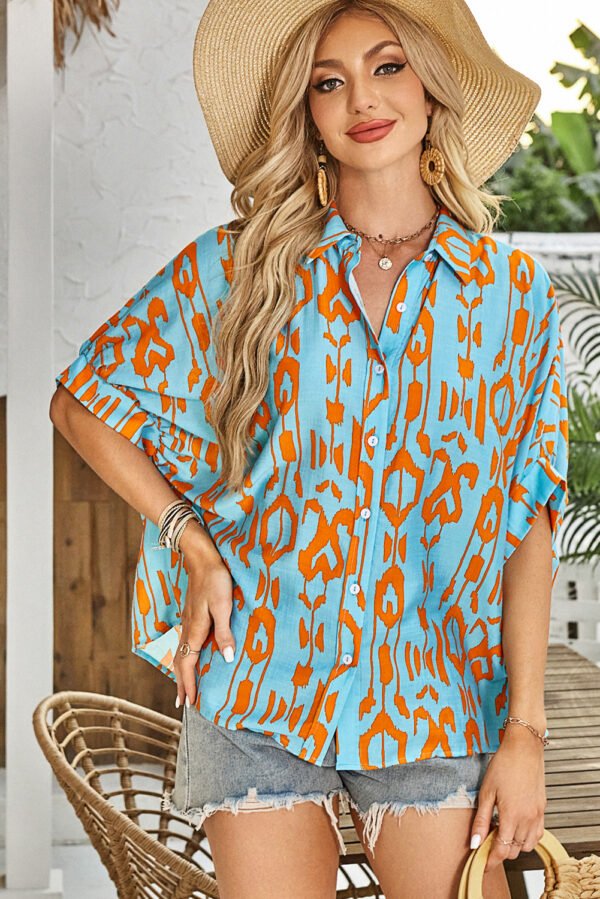 Sky Blue Abstract Print Dolman Short Sleeve Western Loose Shirt