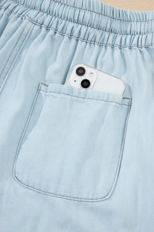 Beau Blue Light Wash Contrast Trim Center Seam Drawstring High Waist Wide Leg Denim Pants