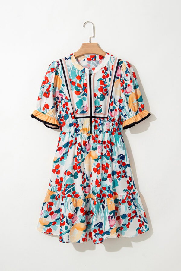 Green Floral Print Zipper Ruffled Short Sleeve High Waist Mini Dress
