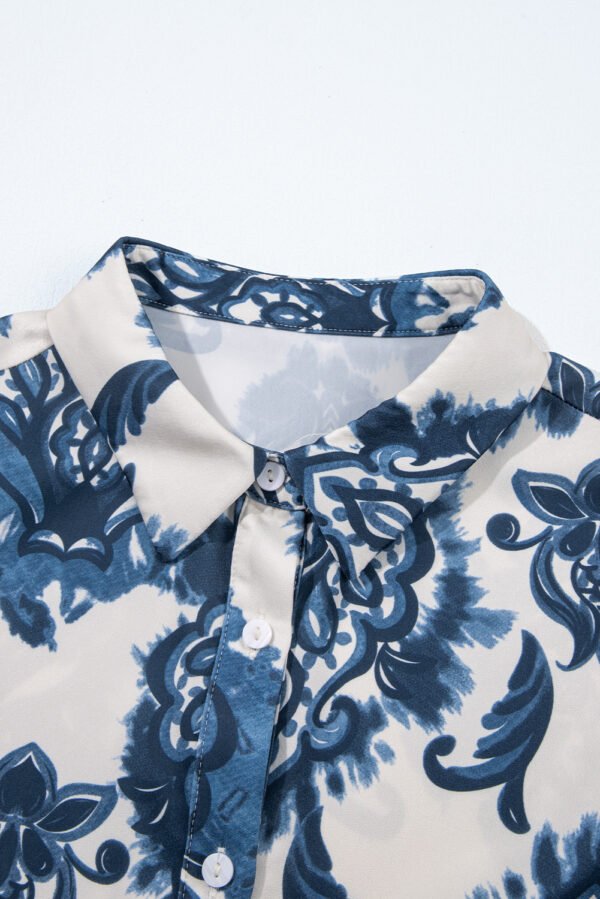 Blue Boho Floral Print Buttoned Collared Loose Fit Mini Dress