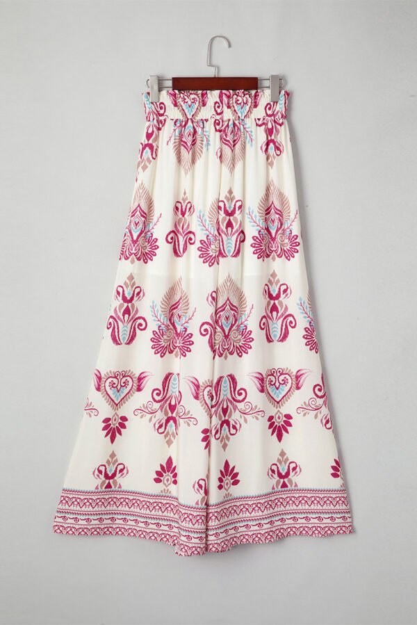 Rose Boho Printed Shirred High Waist Flowy Wide Leg Pants