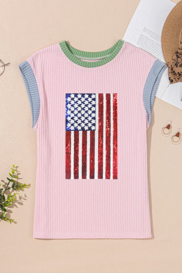 Pink Colorblock Edge Twisted Rib Texture Sequin American Flag Casual T Shirt