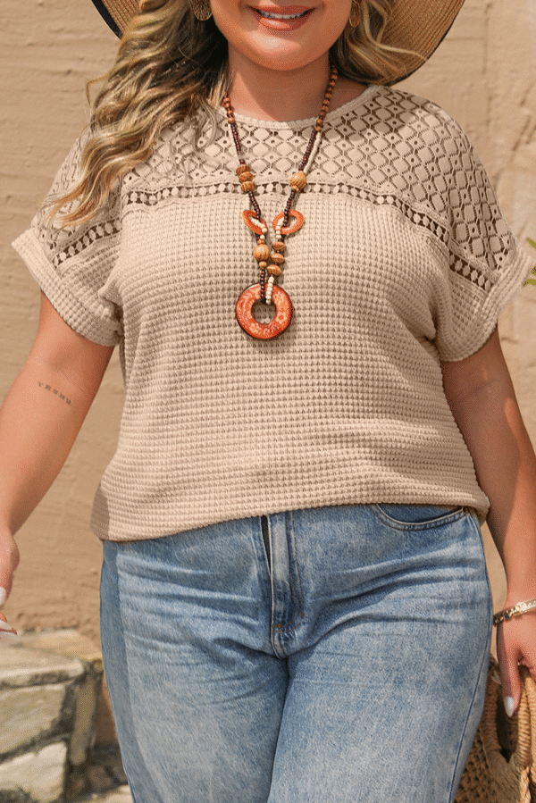 Oatmeal Lace Patchwork Waffle Short Sleeve Plus Size Top