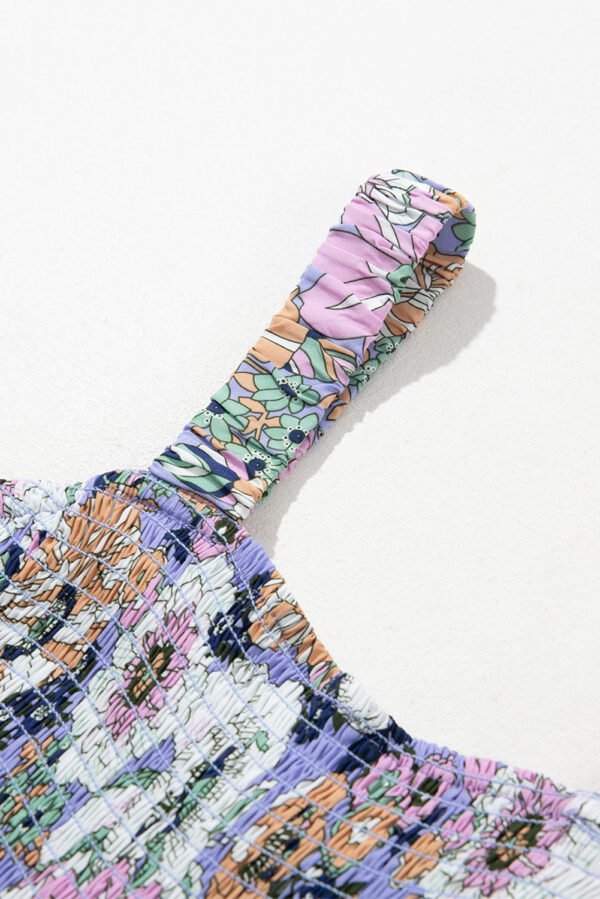 Purple Floral Print Smocked High Waist Square Neck Jumpsuit