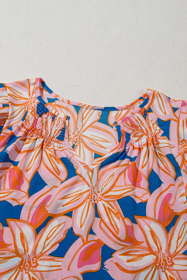 Orange Summer Flower Print Notched Neck Ruffle Sleeve Blouse