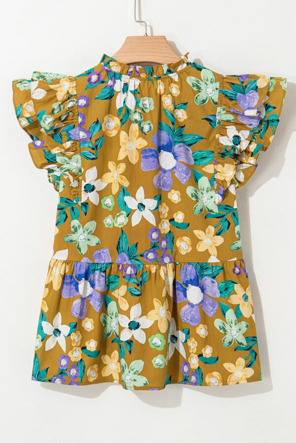 Yellow Floral Print Tiered Flutter Sleeve V Neck Top