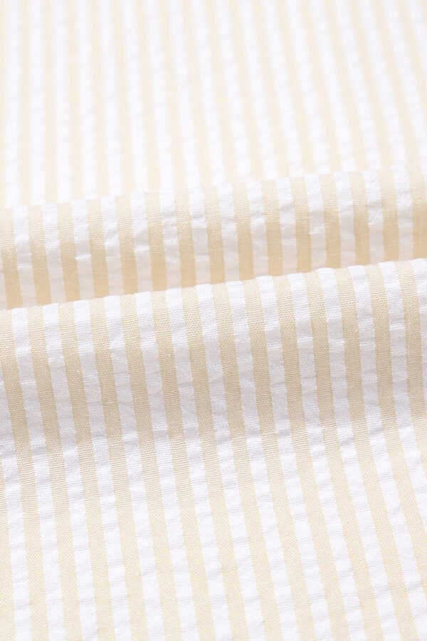 Beige Stripe Seersucker Contrast Round Neck Puff Sleeve T Shirt Dress