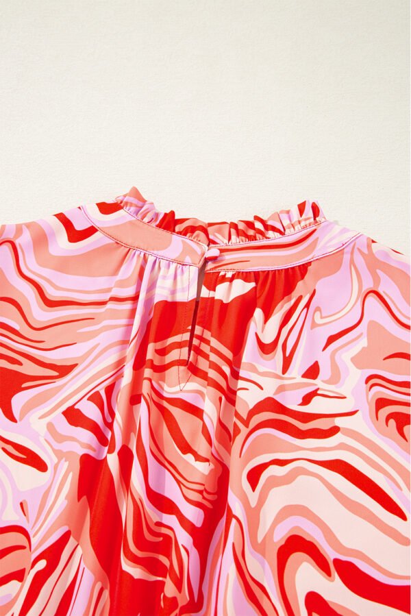 Red Abstract Print Ruffled Short Sleeve Mock Neck Blouse