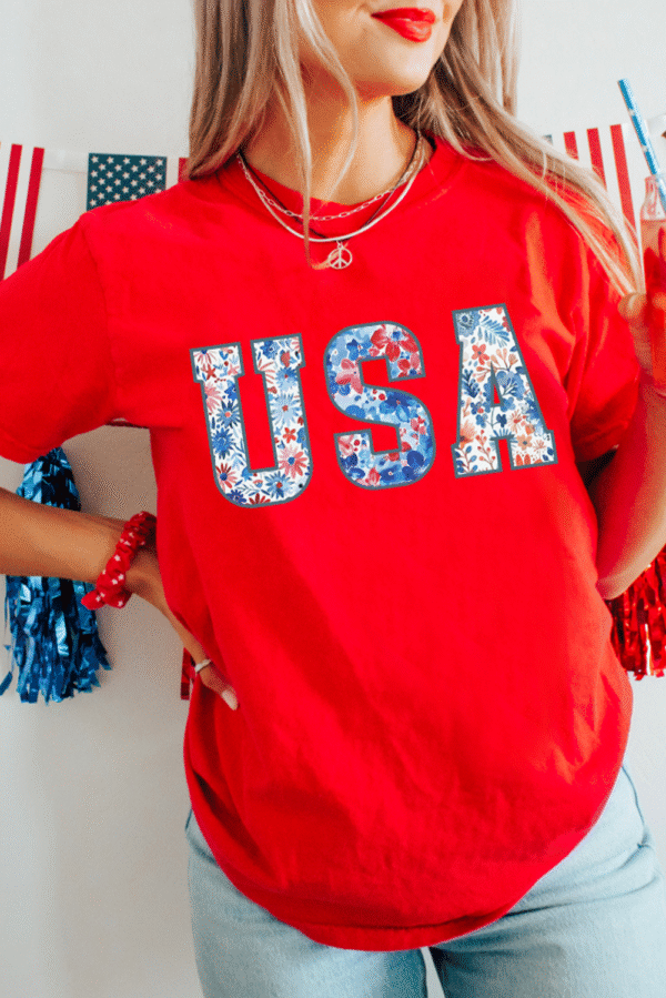 Red Floral USA Graphic Cuffed Sleeve Crew Neck Tee