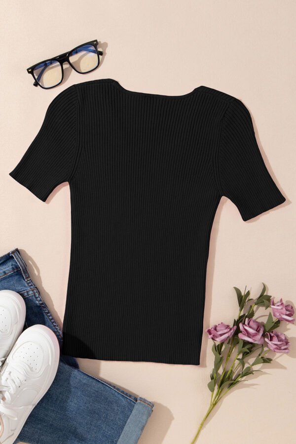 Black V Neck Ribbed Knit Lightweight Short Sleeve Sweater