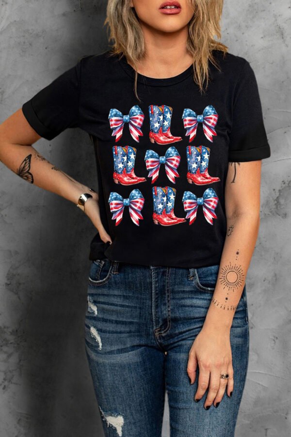 Black Stars and Stripes Bowknot Cowgirl Boots Graphic Patriotic Tee