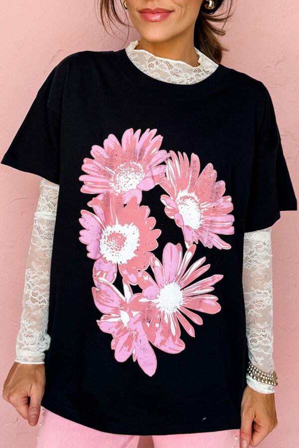 Black Pink Daisy Flower Printed Cotton Blend T Shirt