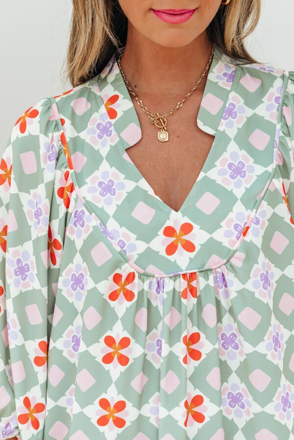 Green Geometric Floral Print 3/4 Sleeve Notched Neck Mini Dress