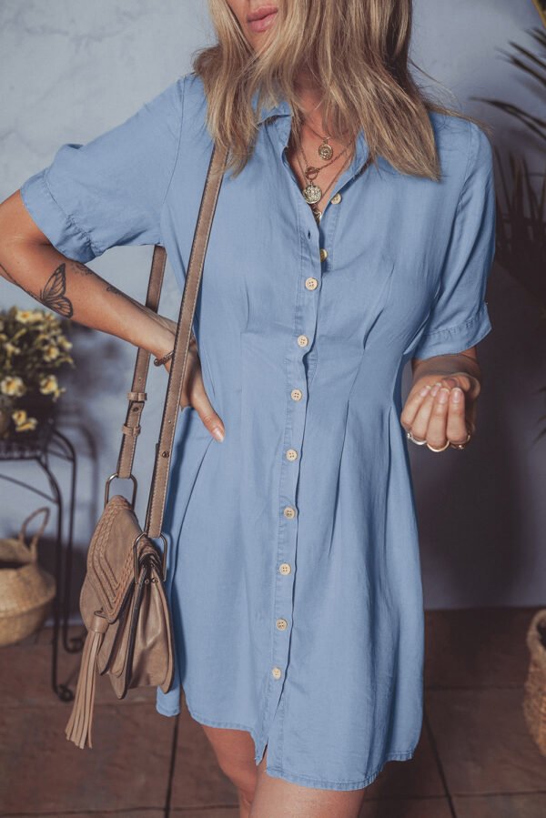 Myosotis Denim Pleated Slim Waist Short Sleeve Shirt Dress