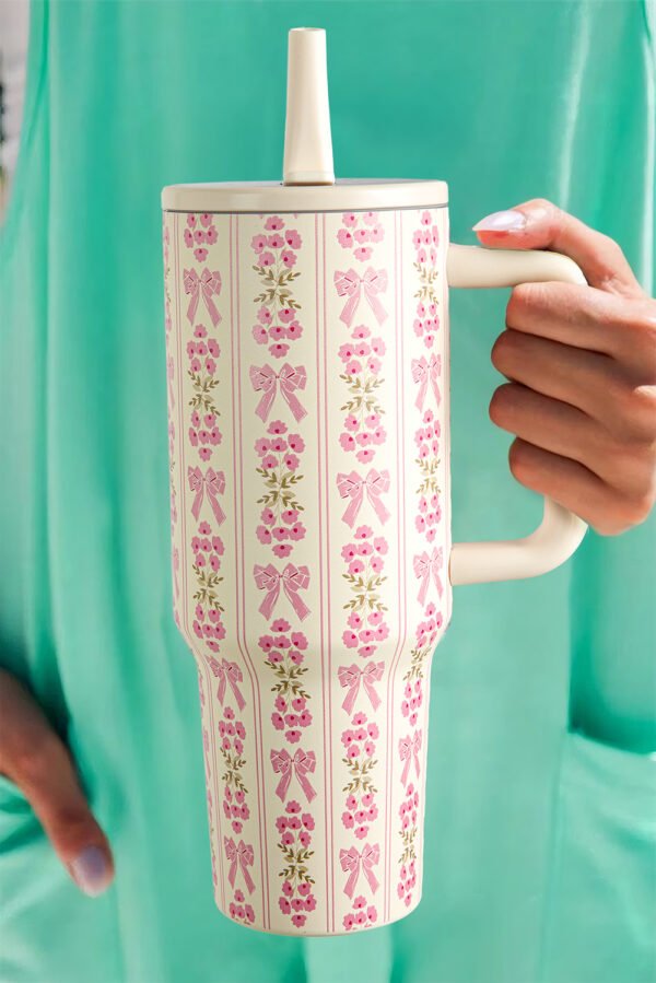 White Sweet Bow Flower Print Straw Insert Tumbler Cup 40oz