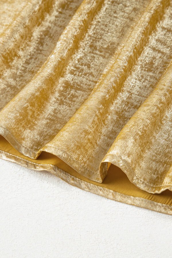 Gold Glossy Round Neck Pleated Detail Short Sleeve Blouse