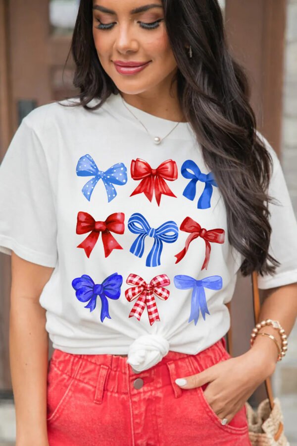 White USA Inspire Bow Print Crewneck Independence Day Tee