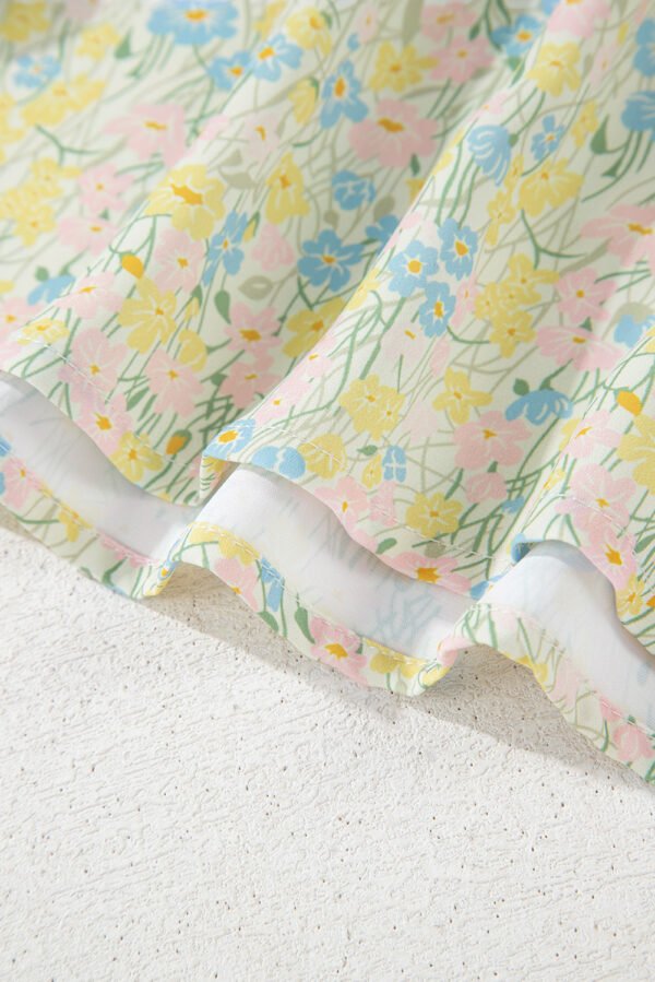 Green Floral Half Sleeve Frilled U Neck A-line Short Dress
