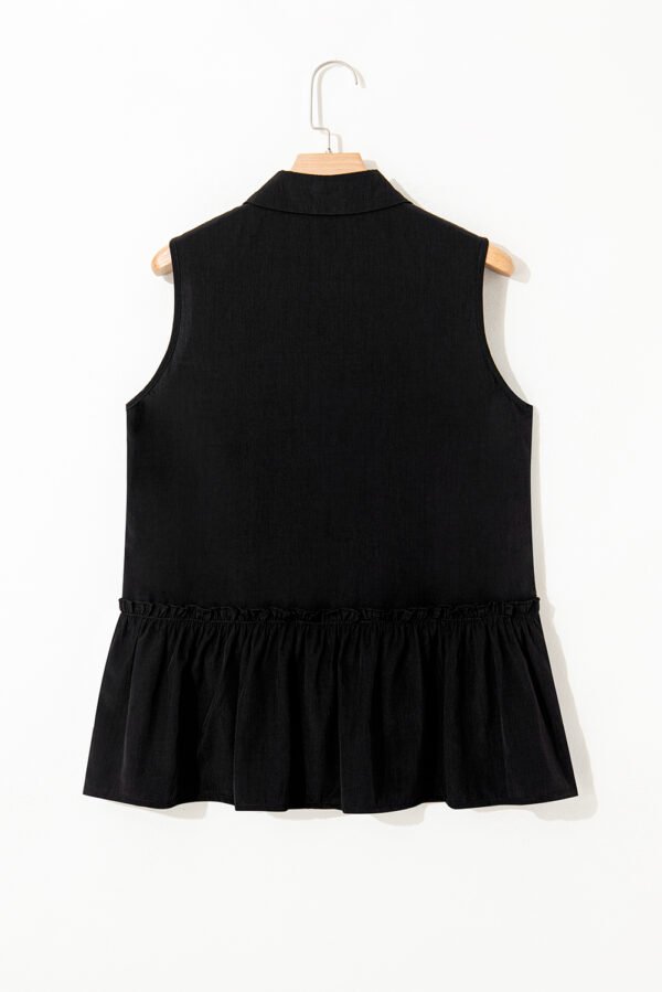 Black Sleeveless Buttoned Front Ruffle Hem Tunic Shirt