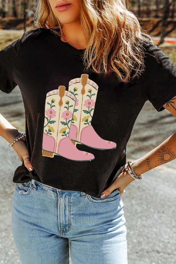Black Floral Cowgirl Boots Cotton Blend T Shirt