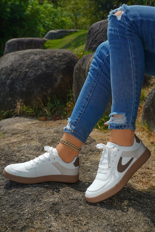 Coffee Color Contrast PU Leather Lace-up Sneakers