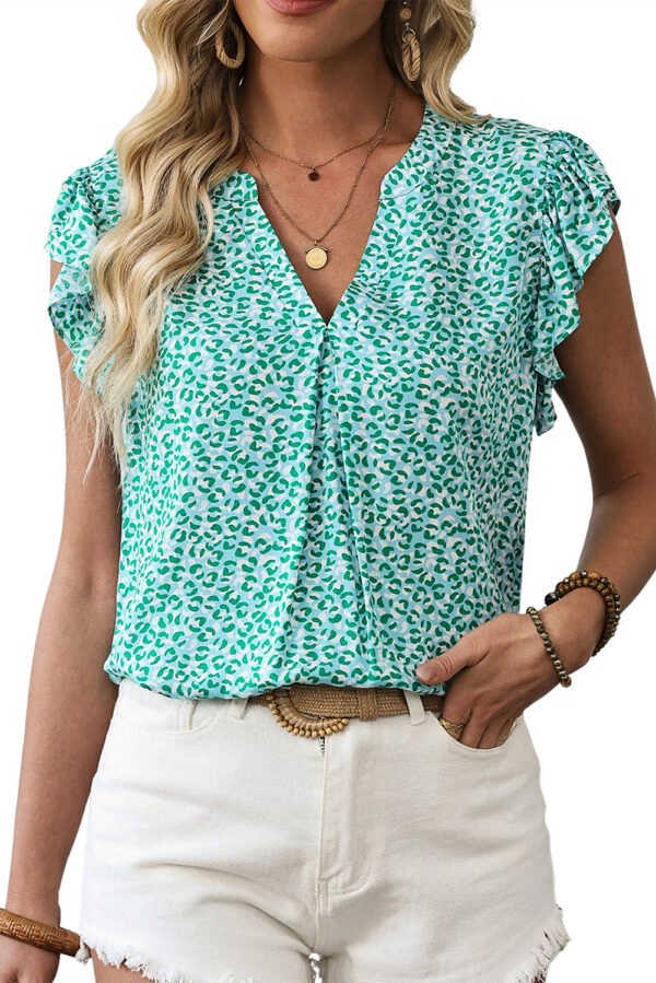 Green Notched V Neck Leopard Ruffle Short Sleeve Blouse