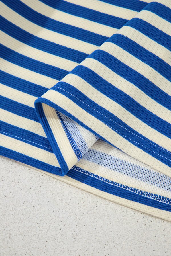 Dark Blue Stripe Print Contrast Collar Split Neck Flutter Sleeve Short Dress