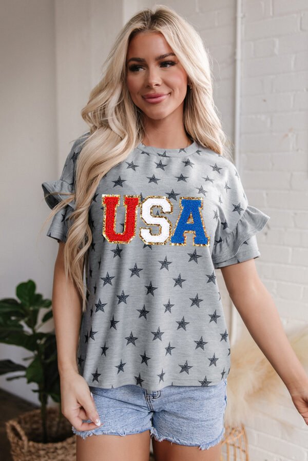 Gray USA Letter Patched Star Printed Ruffle Trim Sleeves Loose Tee