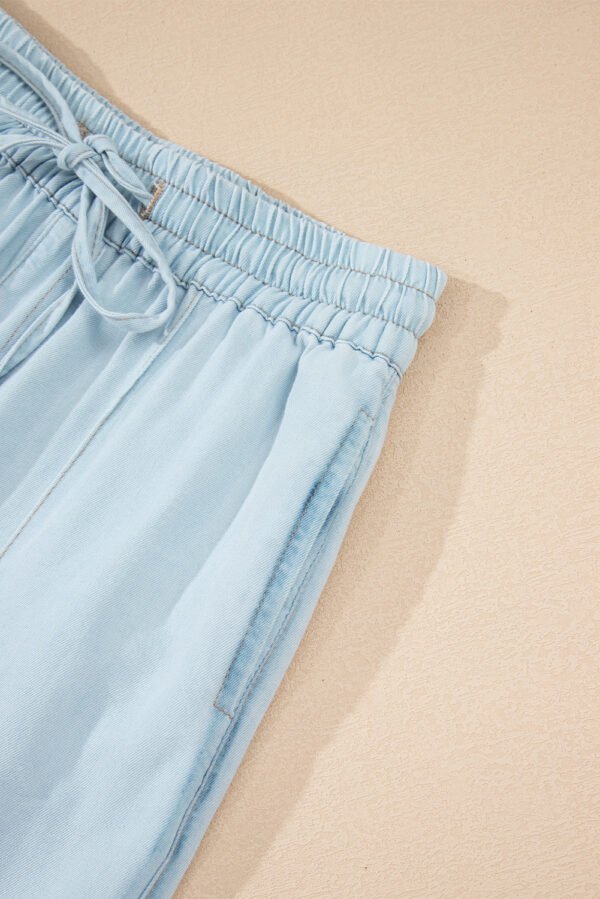 Beau Blue Light Wash Contrast Trim Center Seam Drawstring High Waist Wide Leg Denim Pants