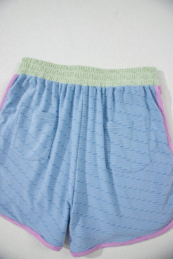 Beau Blue Corded Knit Contrast Trim Round Neck Cap Sleeve 2pcs Short Set