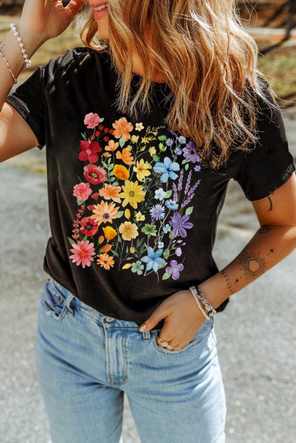 Black Beautiful Flower Print Cotton Blend Casual Tee
