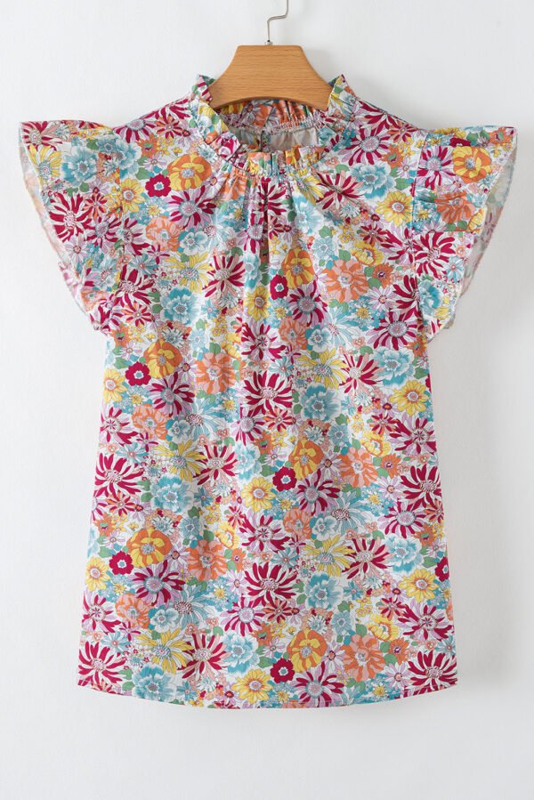 Multicolour Floral Pleated Detail Flutter Sleeve Blouse