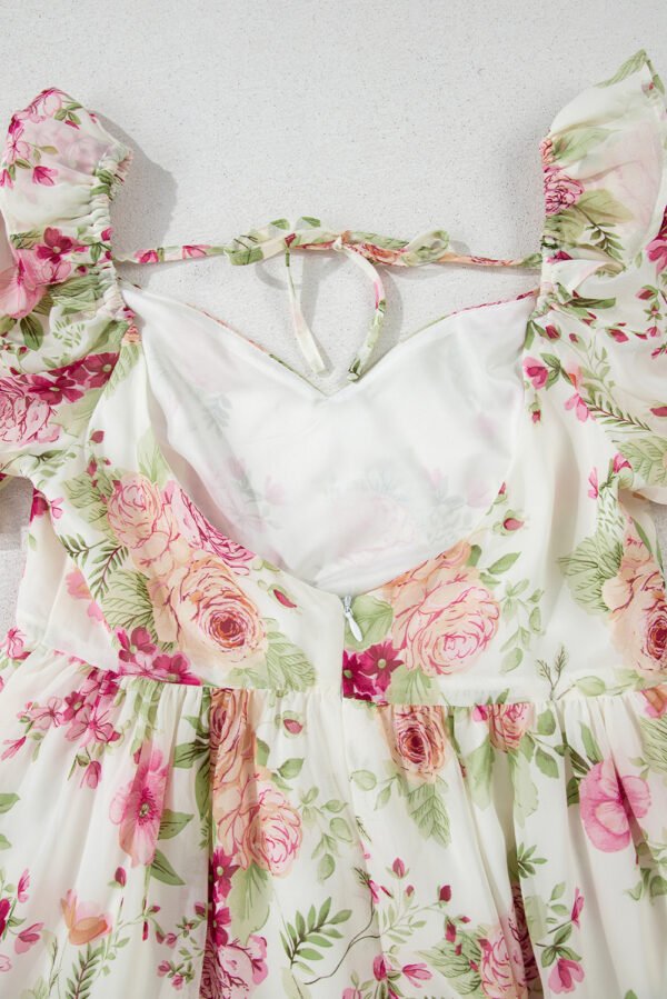 White Vibrant Floral Bubble Sleeve Sweetheart Neck Ruffle Mini Dress