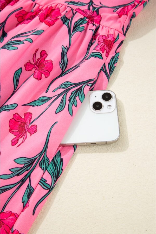 Pink Floral Contrast Neckline A-line Puff Sleeve Long Dress