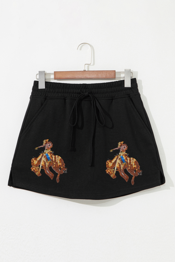 Black Sequin Western Cowboy Patched Lace-up High Waist Skort
