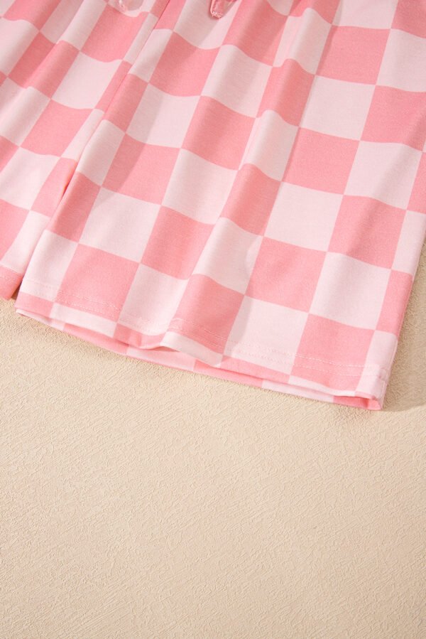 Pink Checkered V Neck Tee Drawstring Shorts Lounge Set